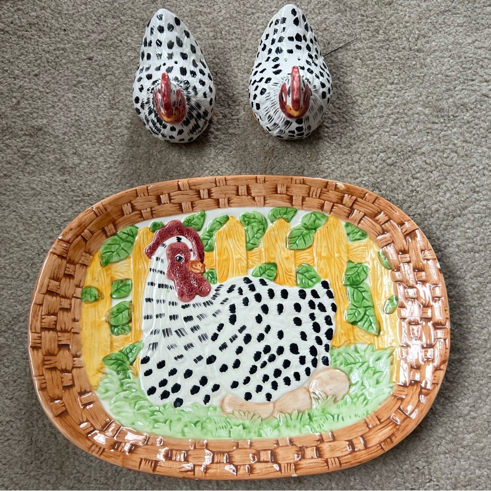 Fitz and Floyd Spotted Chicken Platter and Shakers - Black, White, Brown, Green